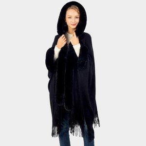 Black Hoodie Winter Cape Poncho with Faux Fur Edge